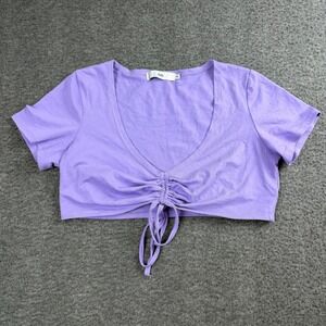 Adika Crop Top Women's Size S Purple Ruched Front V-Neck Short Sleeve Tie Shirt